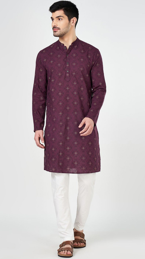 Men's Geometric Printed Mandarin Collar Cotton Straight Kurta (Color