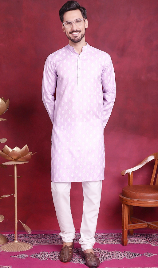 Men's Ethnic Motifs Printed Pure Cotton Kurta (Color Purple & White)