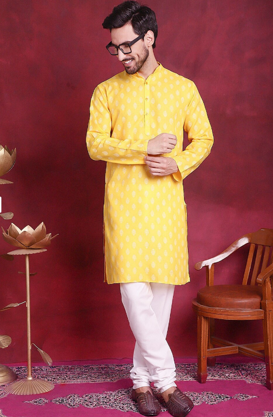 Men's Ethnic Motifs Printed Pure Cotton Kurta (Color Yellow) (Size XL)