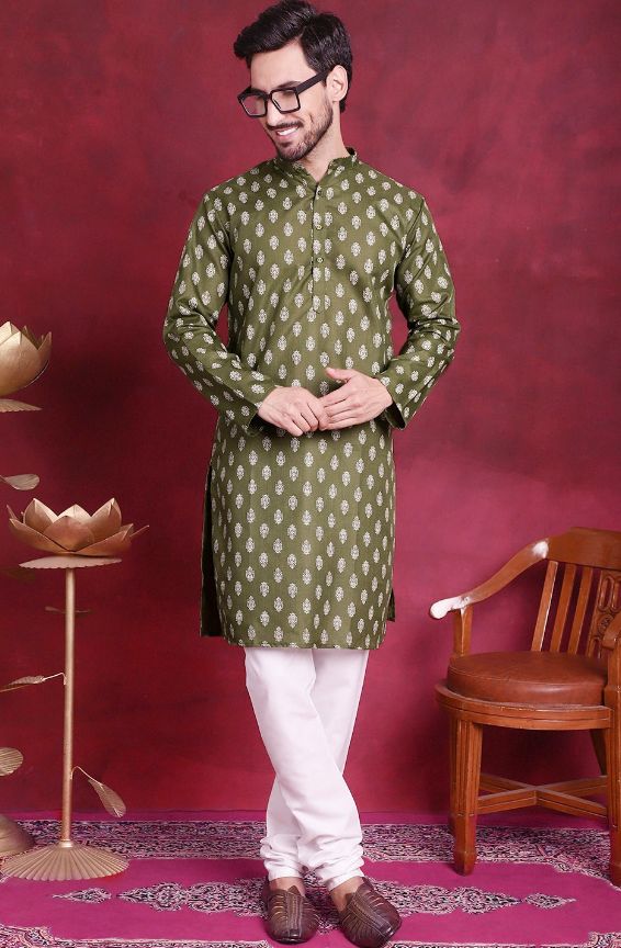 Men's Ethnic Motifs Printed Pure Cotton Kurta (Color Green) (Size XL)