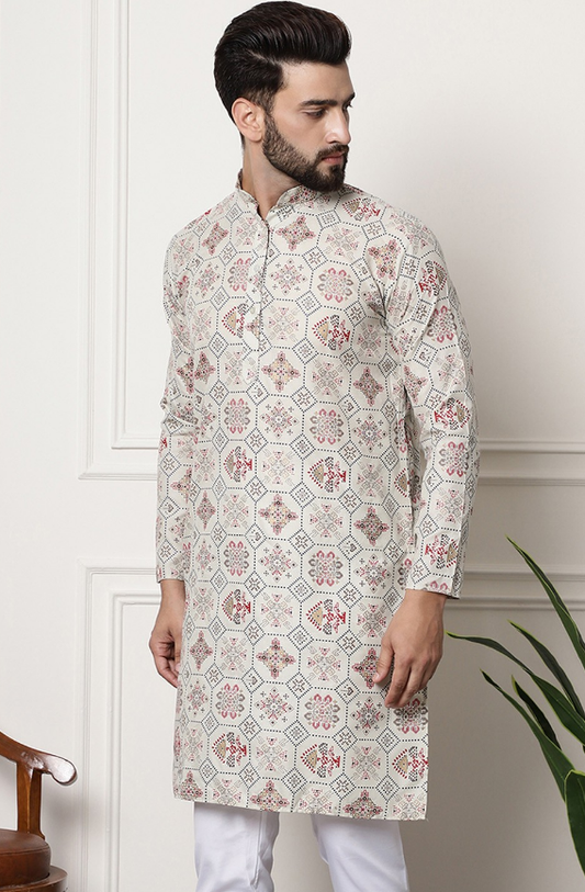 Men Geometric Printed Kurta (Color Cream) ( M)