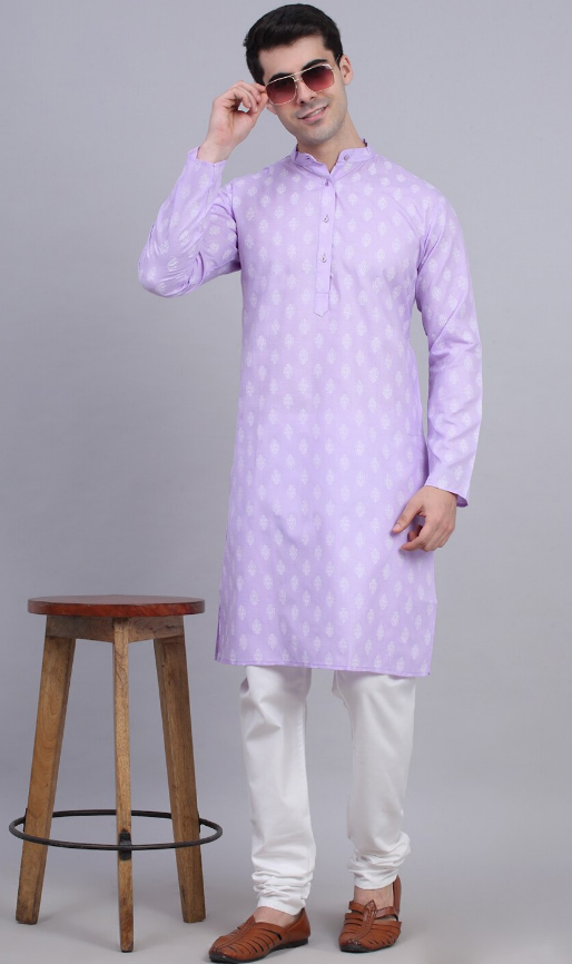 Men Ethnic Motifs Printed Cotton Kurta (Color Lavender) (Size XL)