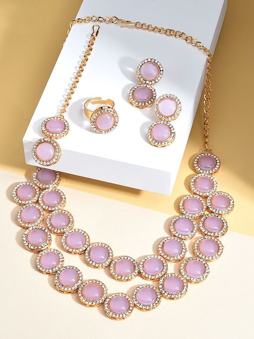 Pink Stones Layer Necklace Earring Ring & Maangtikka