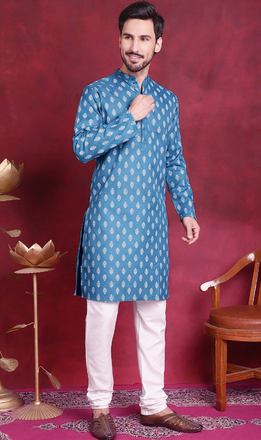 Men's Ethnic Motifs Printed Pure Cotton Kurta (Color Blue) (Size L)